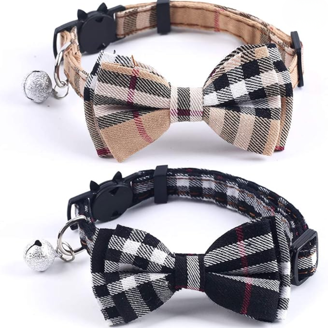 Cat Collars Breakaway 2 Pack with Removable Bow Tie and Bell - Plaid Style, Adjustable for Kittens and Cats