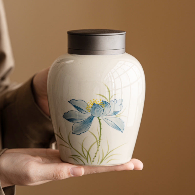Ceramic Blue Lotus Tea Jar Sealed Storage Container - Hand Drawn Design