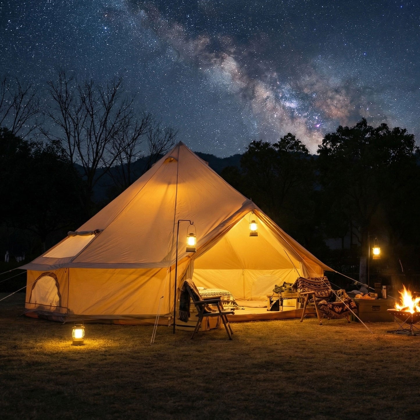 Beige 4-Season Bell Tent 13.1FT - Waterproof Family Camping Yurt