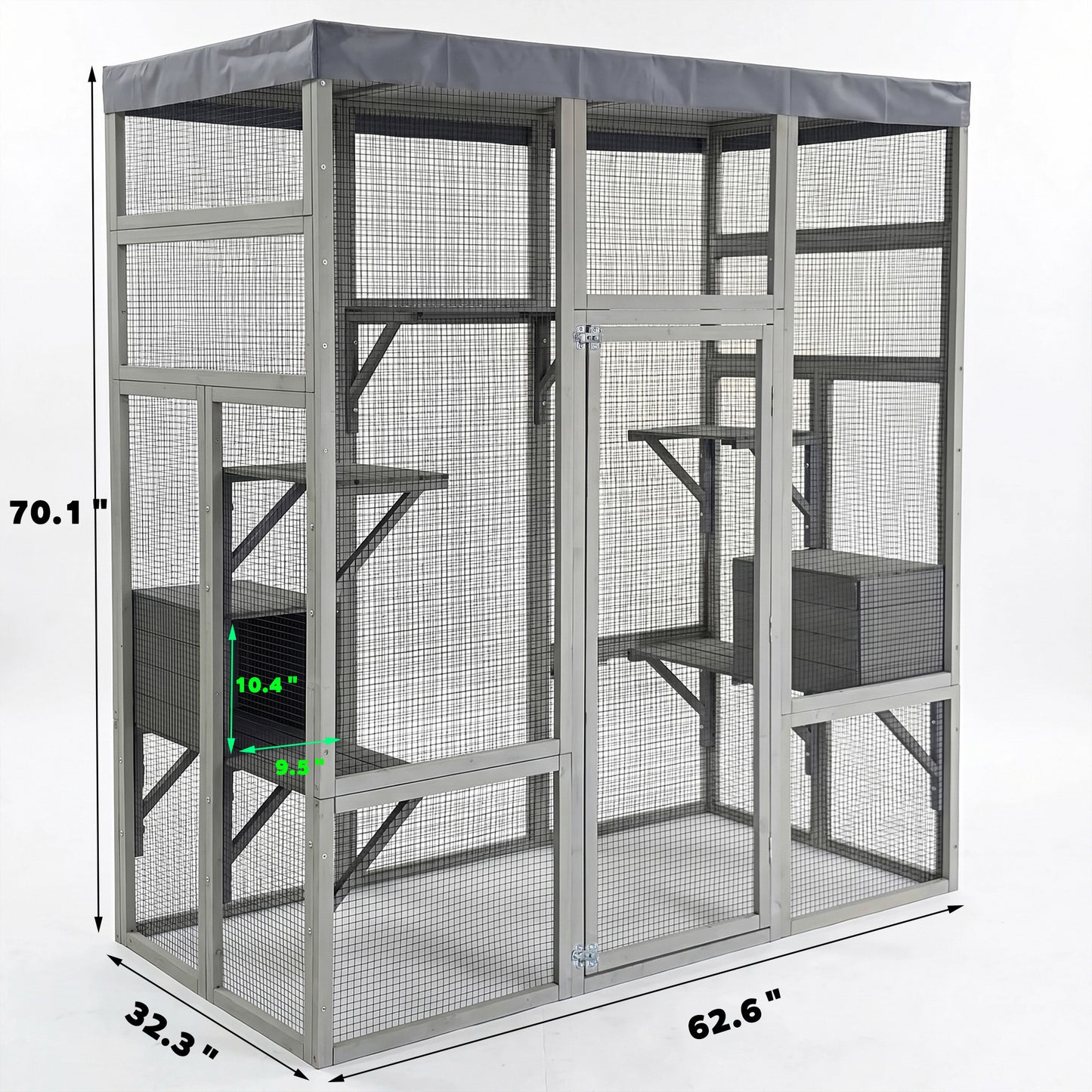 Gray Wooden Cat Enclosure with Waterproof Top, 2 Napping Boxes, Spacious & Secure