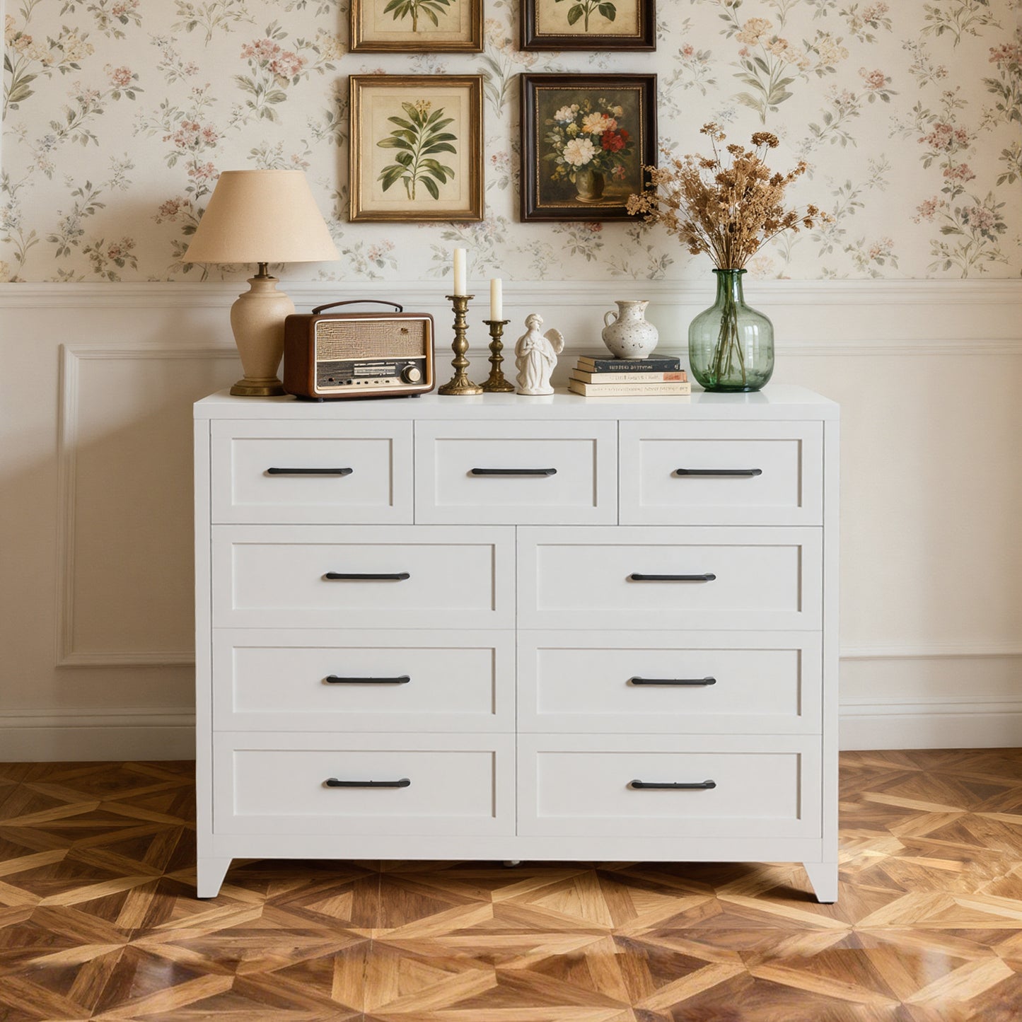 9-Drawer Tall Dresser, White Metal Storage Cabinet With Smooth