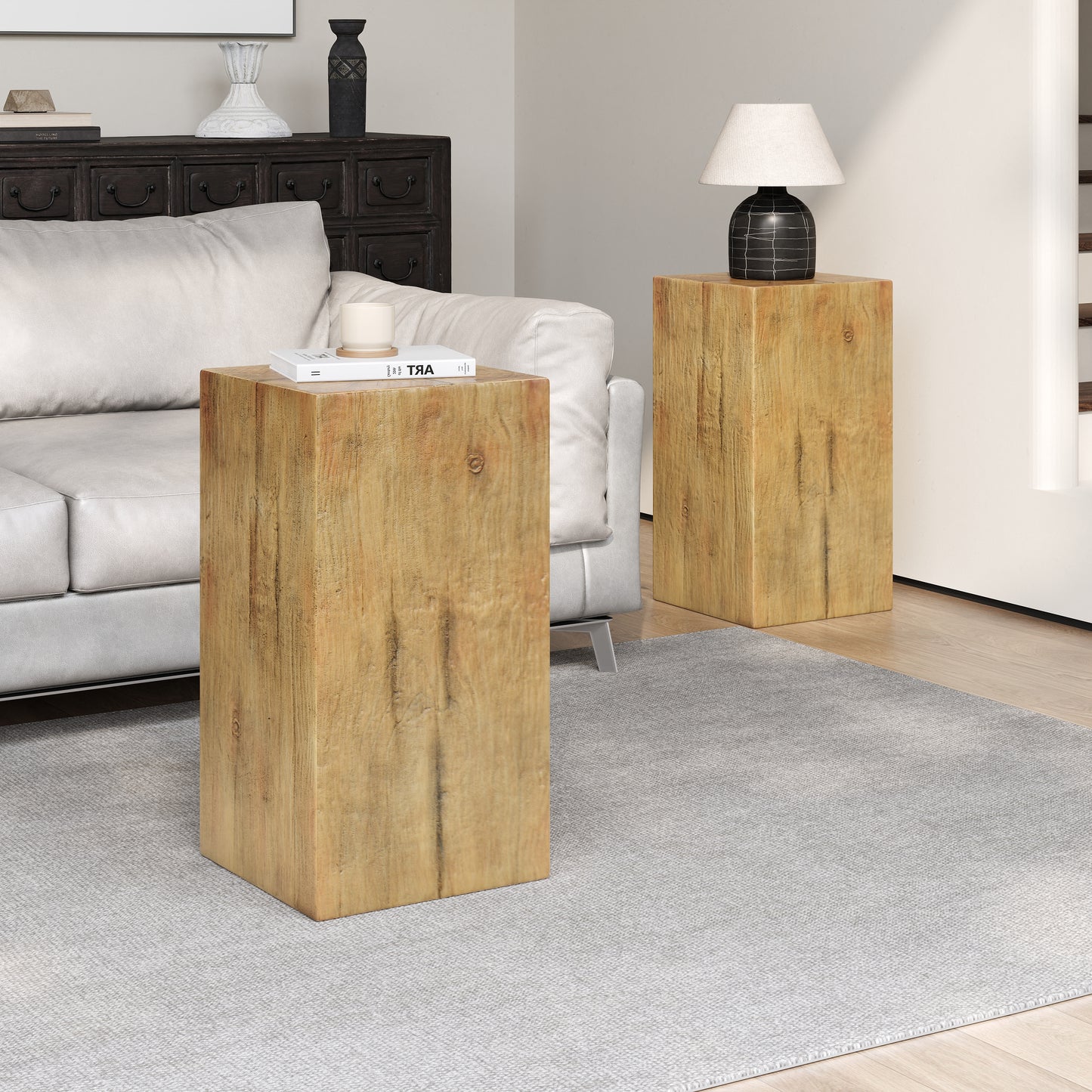 Wood-Look Square-Column MGO End Table, H27.75 ,Wood-Like Distressed