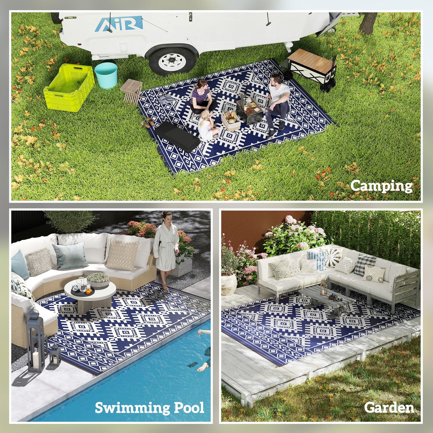 Reversible Waterproof Outdoor Rug - Blue & White Rhombus, 9x12
