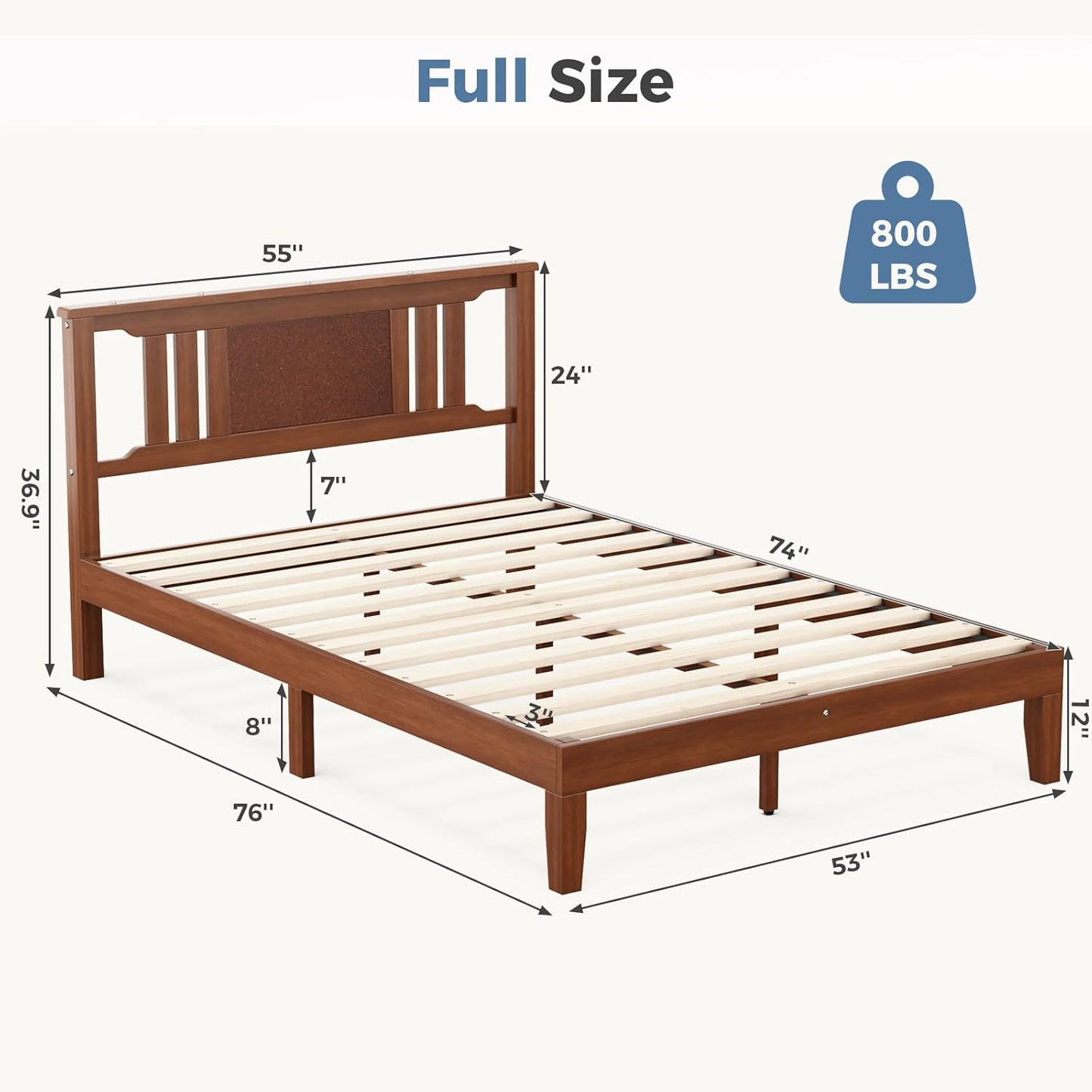 Sturdy Solid Wooden Bed Frame with Headboard - Multiple Sizes