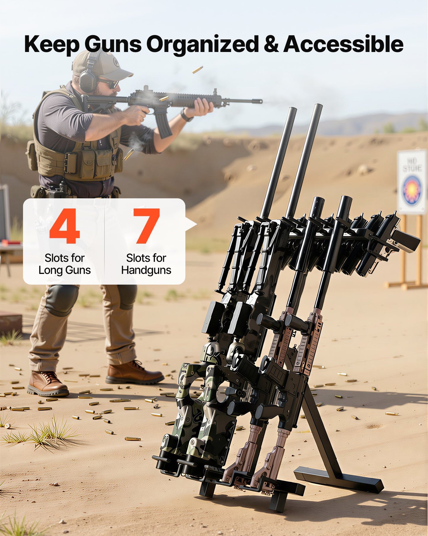 Heavy Duty Folding Steel Gun Rack - Holds 7 Pistols & 4 Rifles, Indoor Outdoor Storage