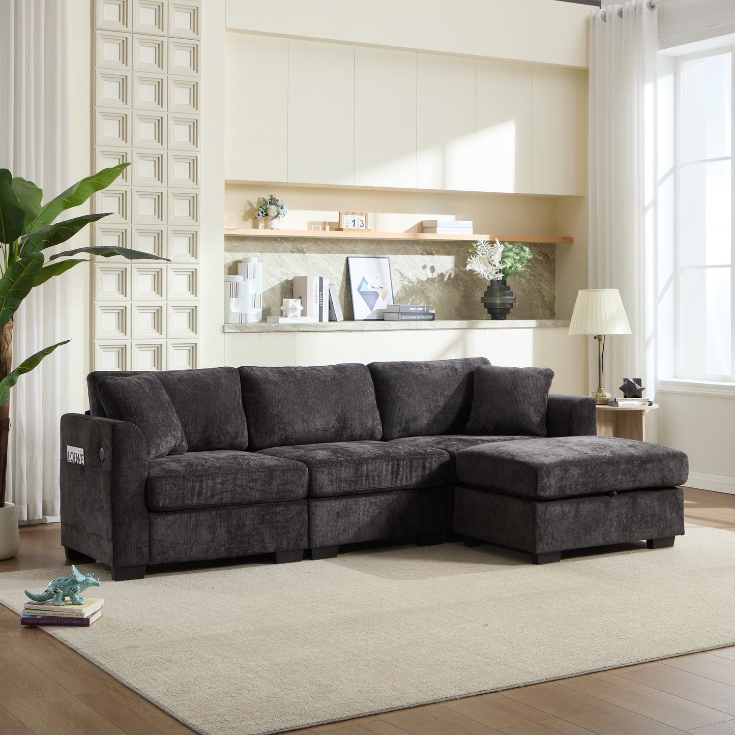 Oversized 4-Seat L-Shaped Storage Sofa with USB Ports - Black