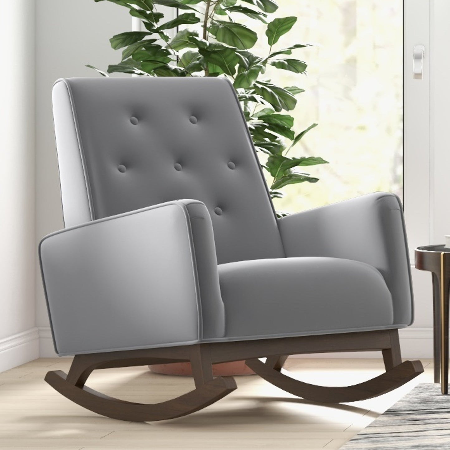Premium Demetrius Light Grey Fabric Solid Wood Rocking Chair For