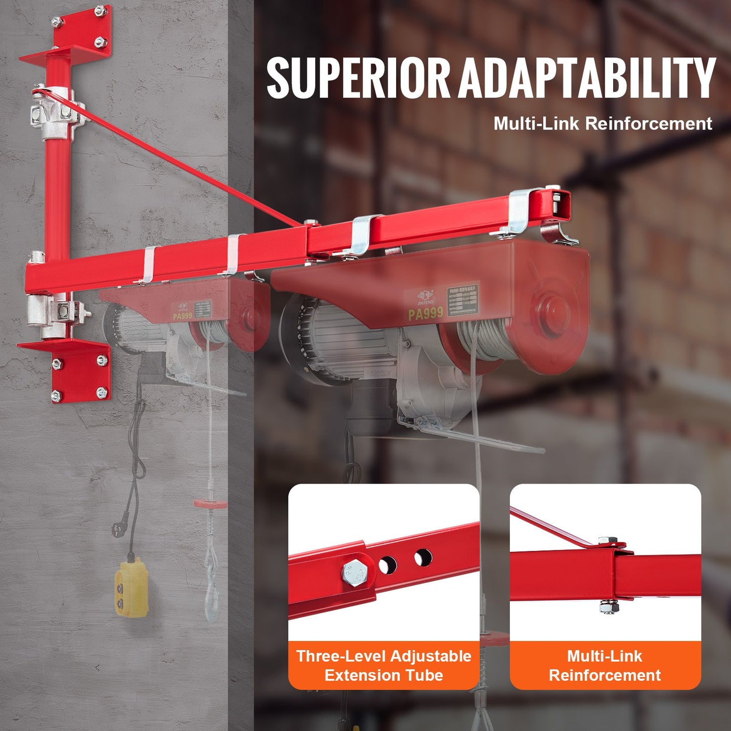 Electric Hoist Support Arm 660 Lb Max Load Swing & Adjustable Steel Frame