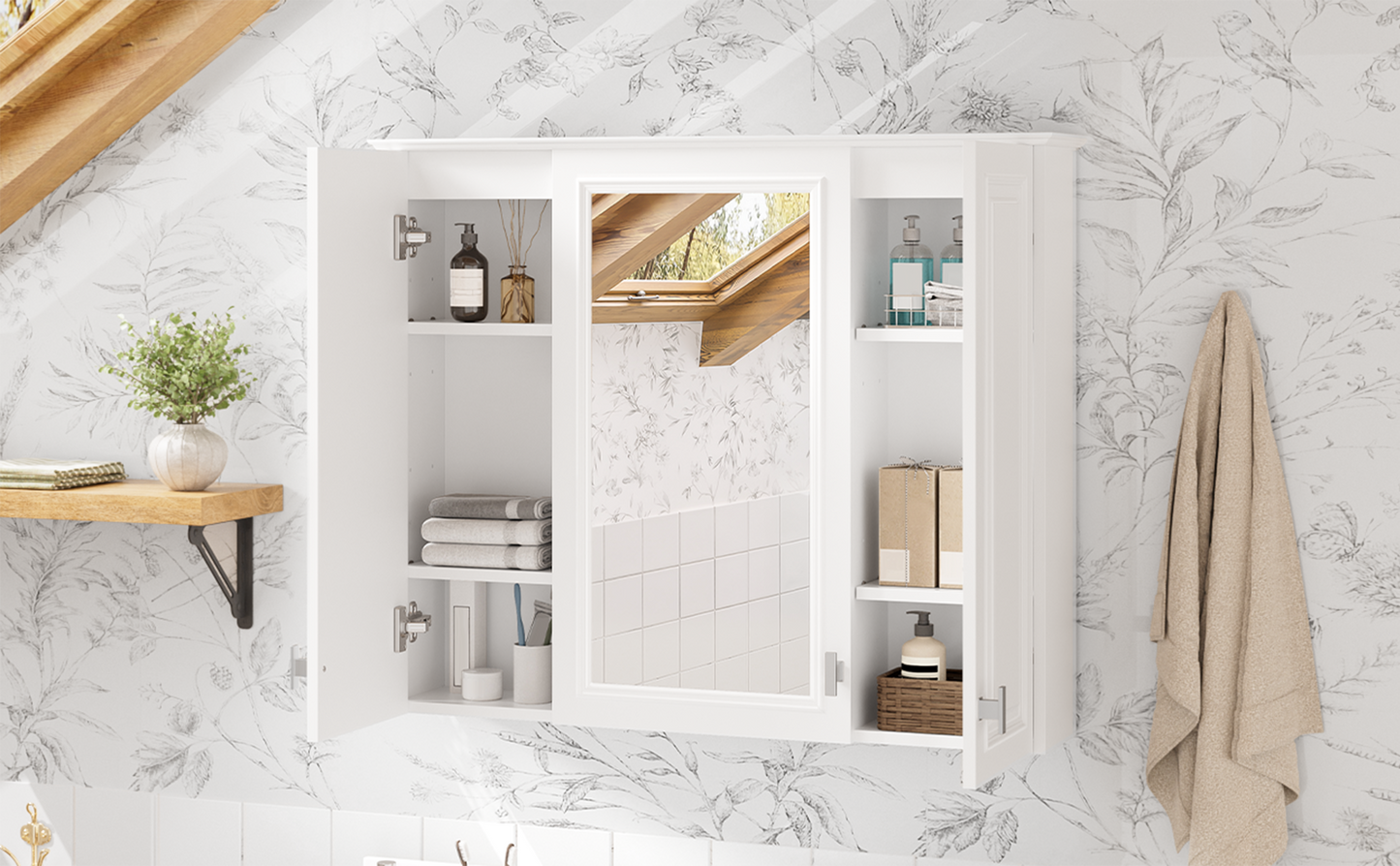 35-Inch Wall-Mounted Bathroom Cabinet with Mirror & 5 Shelves