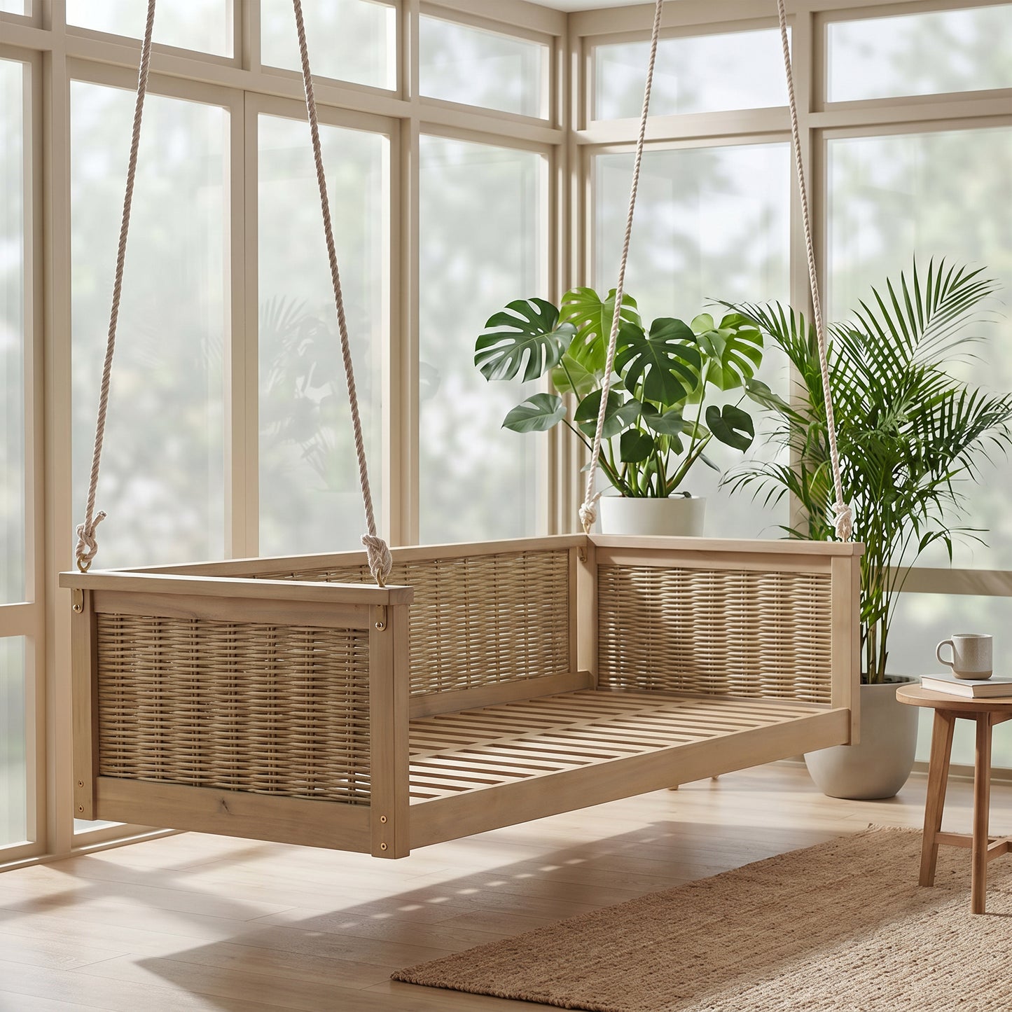 Outdoor Classic Solid Wood Twin Size Swing Bed - Light Teak