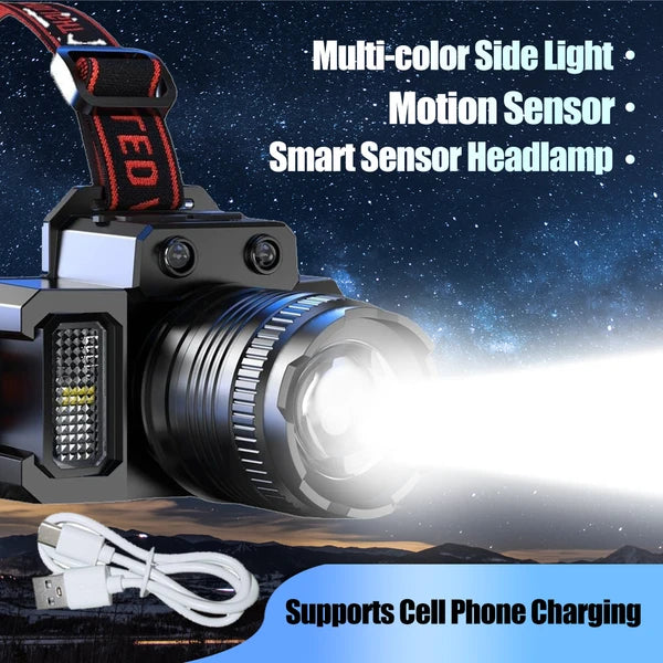 USB Rechargeable LED Headlamp with Motion Sensor - 60000LM
