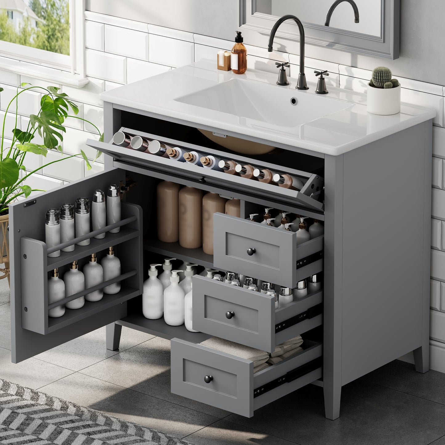36-Inch Gray Bathroom Vanity with Sink and Storage Drawers