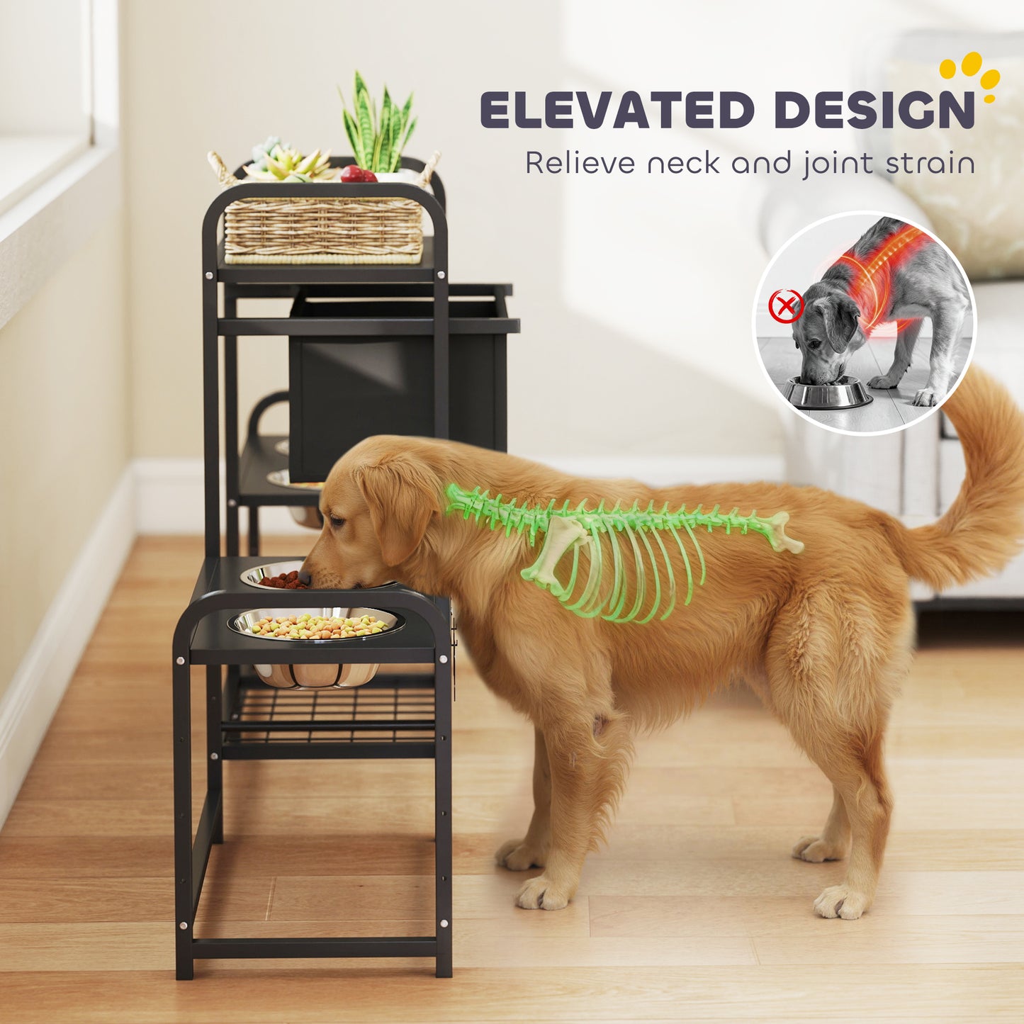 Height Adjustable Dog Bowl Stand with 4 Elevated Bowls and Toy Bin - Black