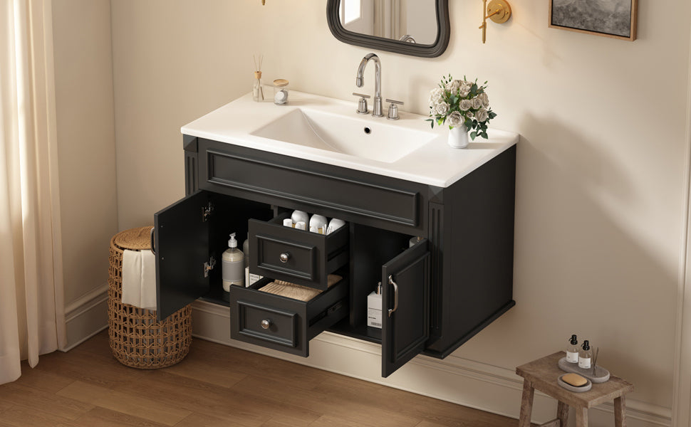 36-Inch Wall-Mounted Bathroom Vanity with Ceramic Sink - Black