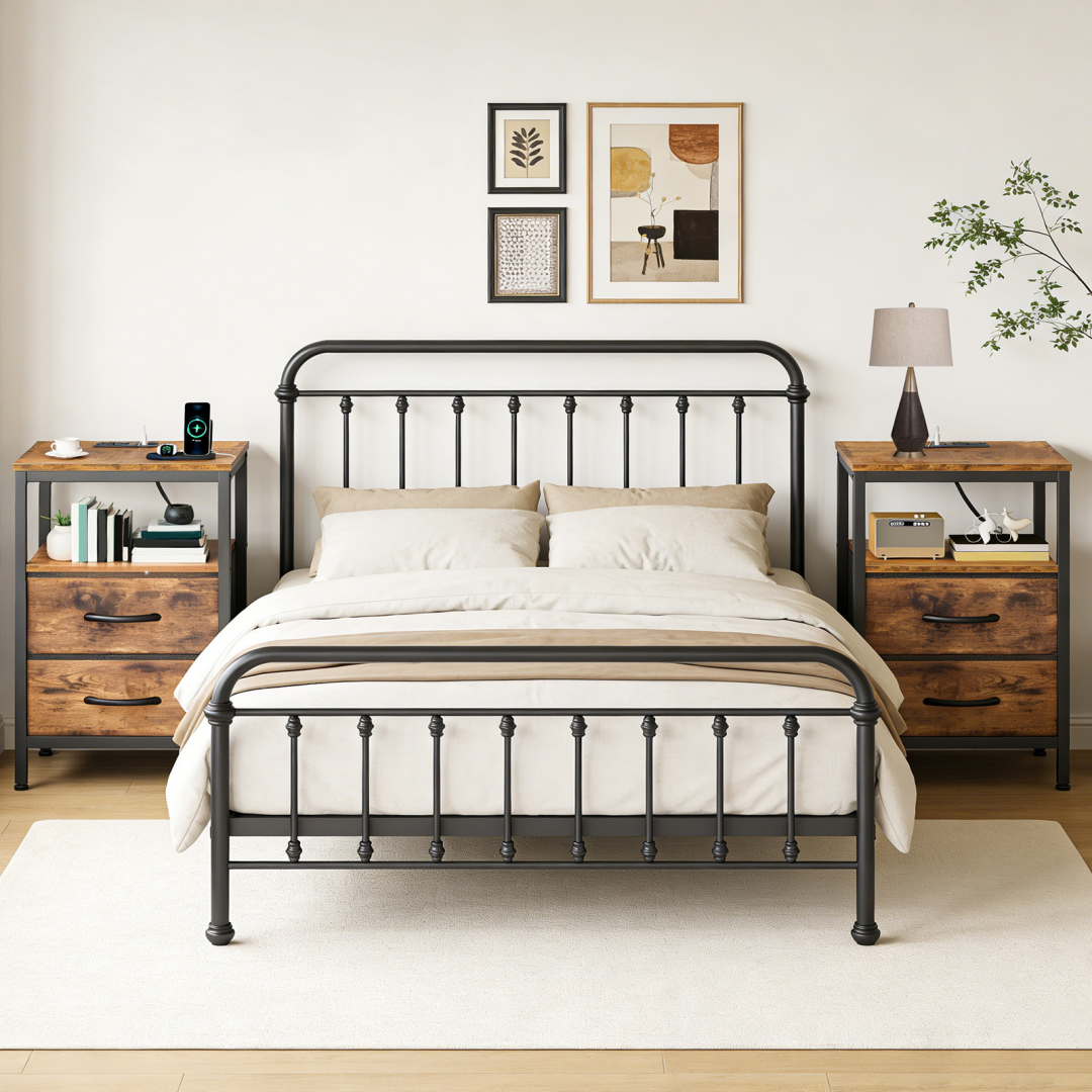 Compact Bedside Table with Charging Station and 2 Drawers - Brown