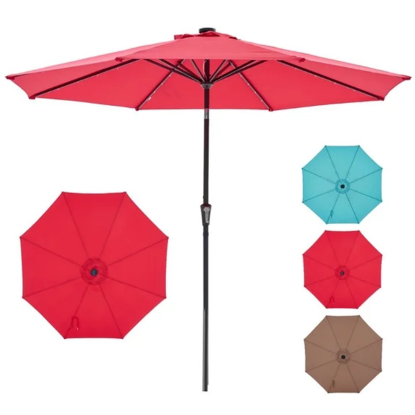 10 Ft Patio Umbrella with LED Solar Lights, Outdoor Sun Shade, Red