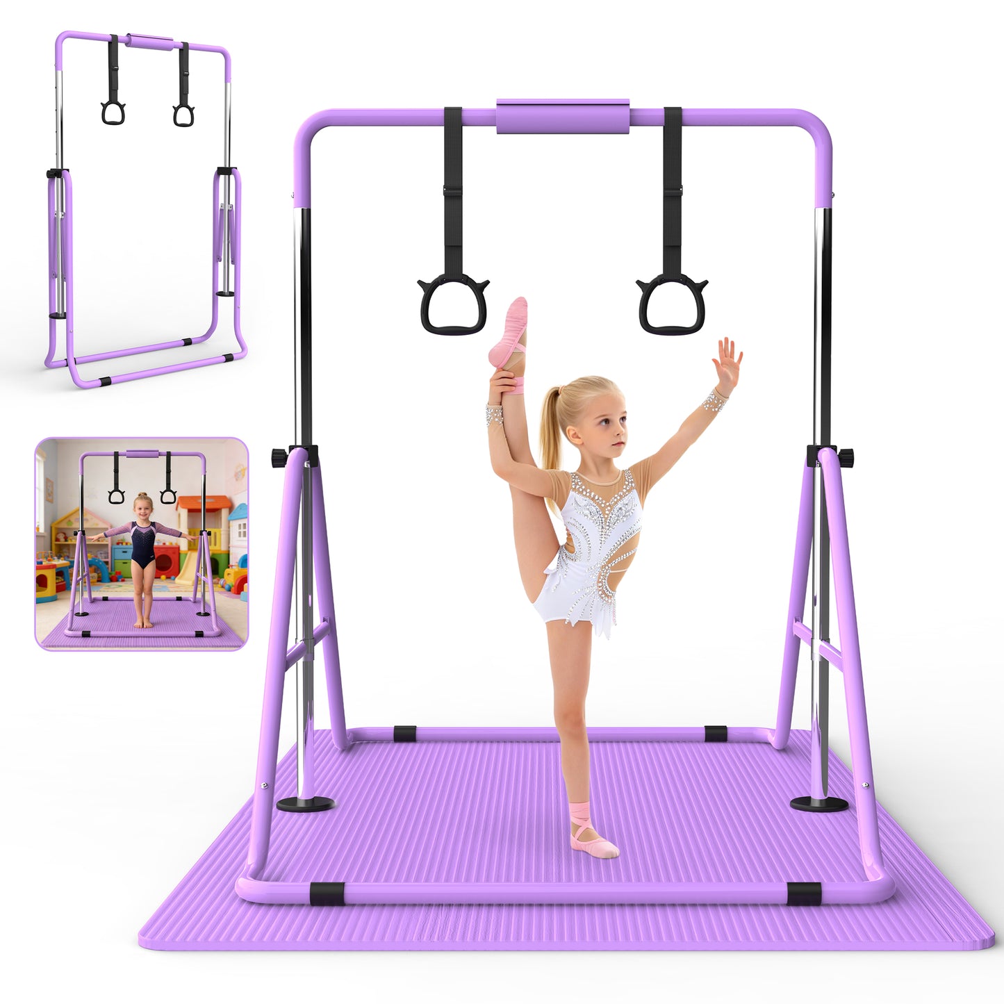 Adjustable Height Gymnastics Bar for Kids - Purple Training Bar with Mat