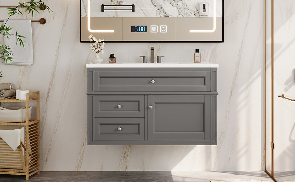 36-Inch Wall-Mounted Bathroom Vanity with Ceramic Sink & Drawers - Gray