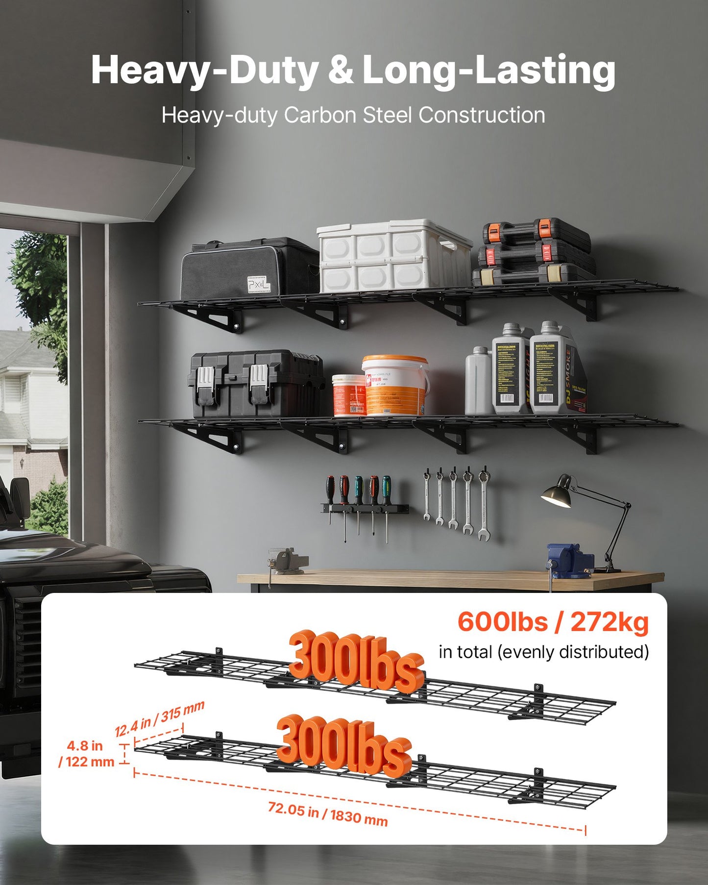 Heavy Duty Wall Garage Shelving Set - 4 Pack 3 Ft Steel Wall Mount Storage Racks