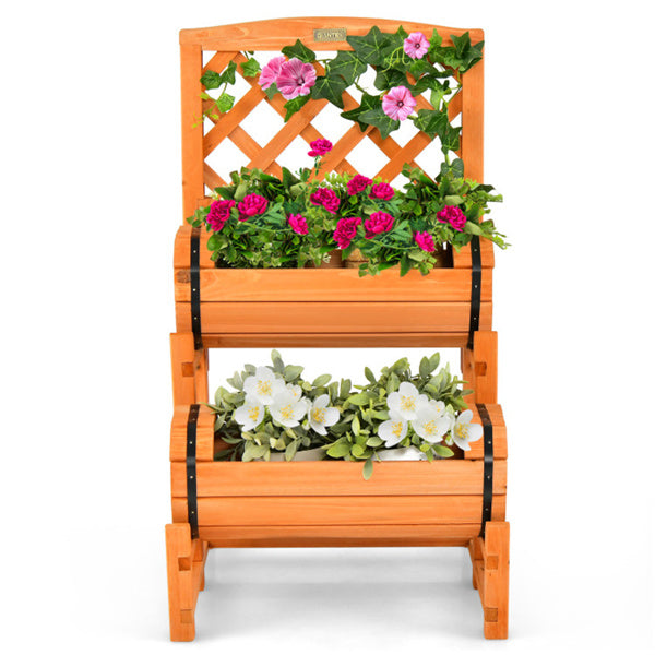 2-Tier Fir Wood Raised Garden Bed with Trellis - Outdoor Planter Box