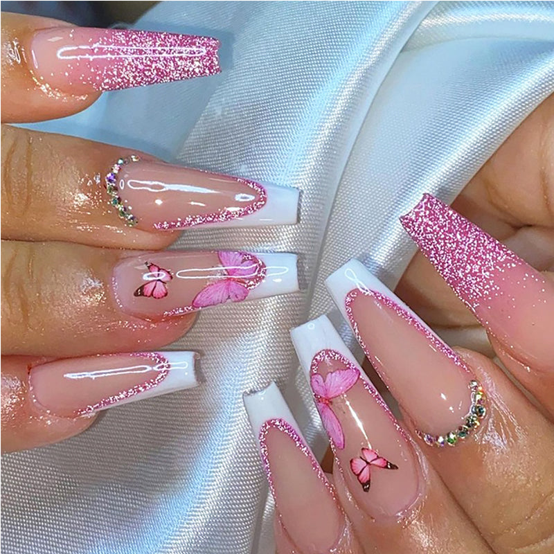 24-Piece Butterfly Press-On Nails - Long Square Glitter Pink