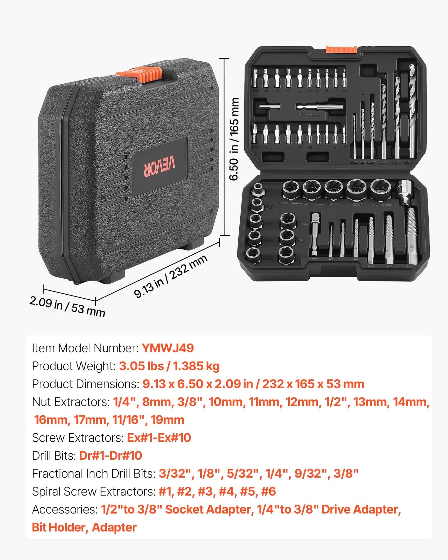 49-Piece Screw Extractor Set with Drill Bits & Adapters - Heavy Duty Fastener Removal, Black