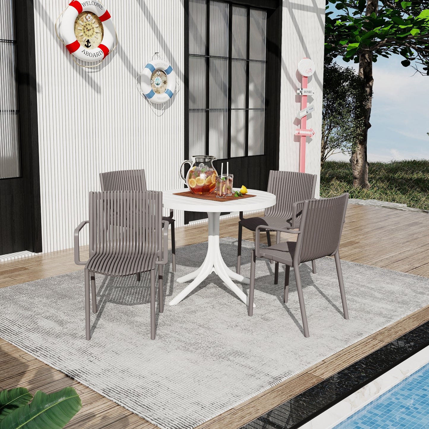 4-Piece Warm Grey Stackable Armchair & Round Table Set - Indoor/Outdoor