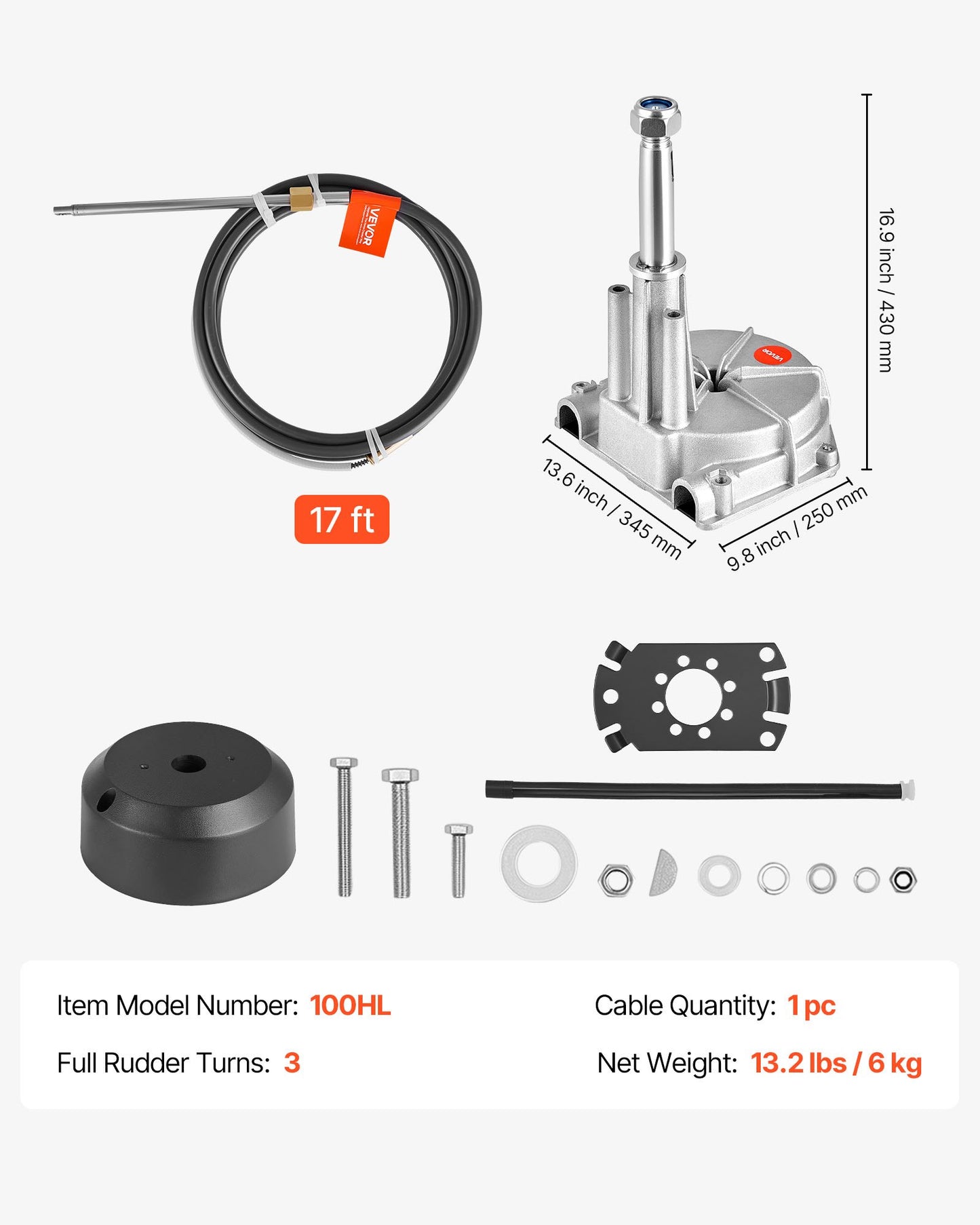 Boat Steering System Kit - 17 Ft Outboard Rotary Control Cable with Aluminum Helm