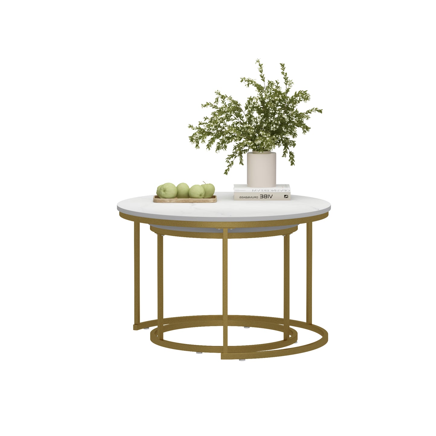 Nesting Coffee Table Set of 2 - Round Wood Marble Pattern - White+Gold