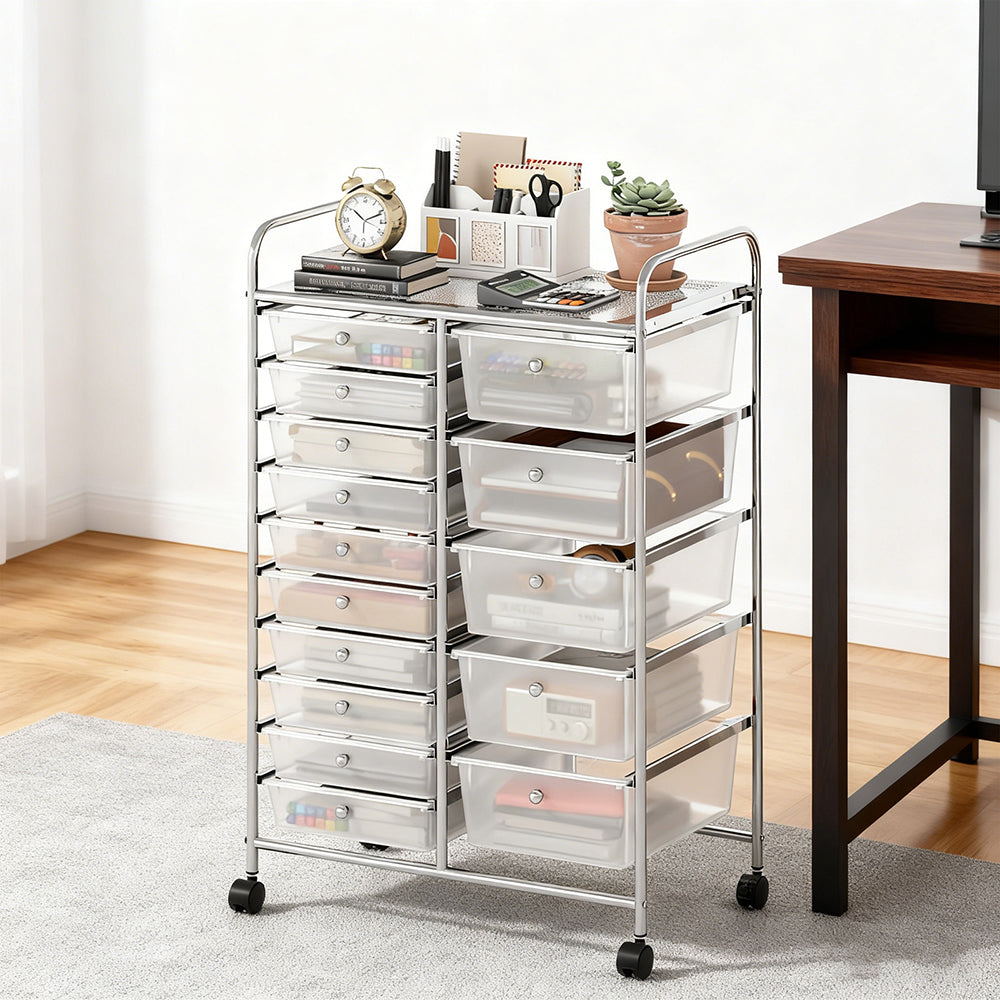 15-Drawer Rolling Storage Cart with Chrome Metal Frame