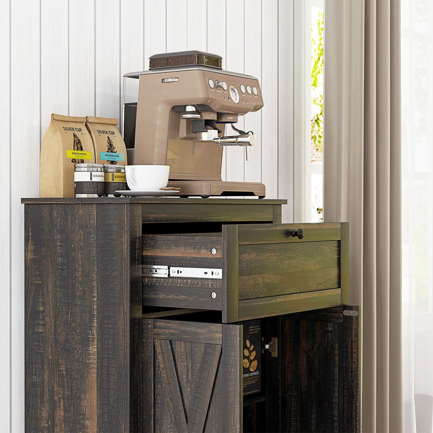 Farmhouse Storage Cabinet with Doors and Drawer - Dark Brown