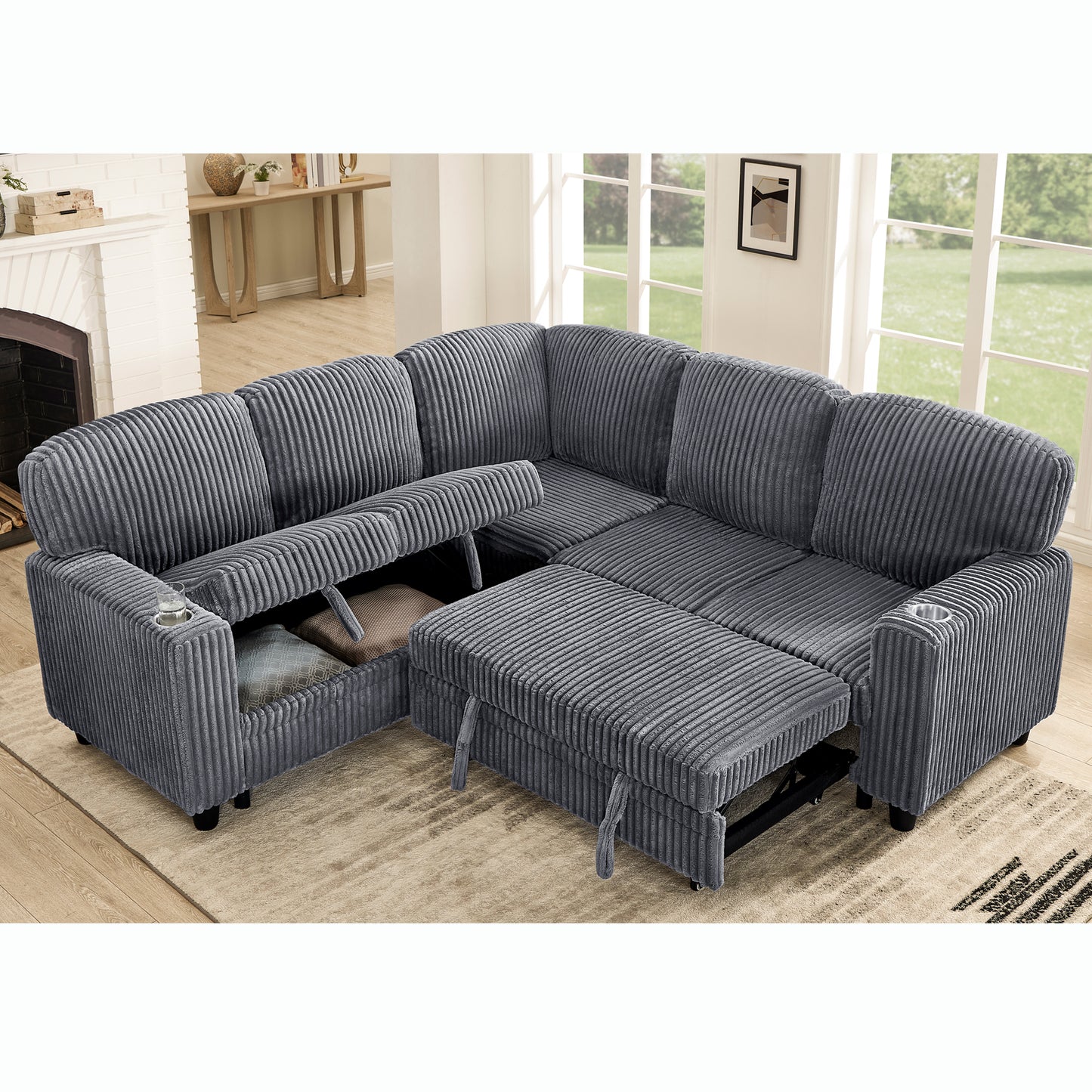 L-Shaped Sectional Sofa Bed with Storage & USB Charging - Grey
