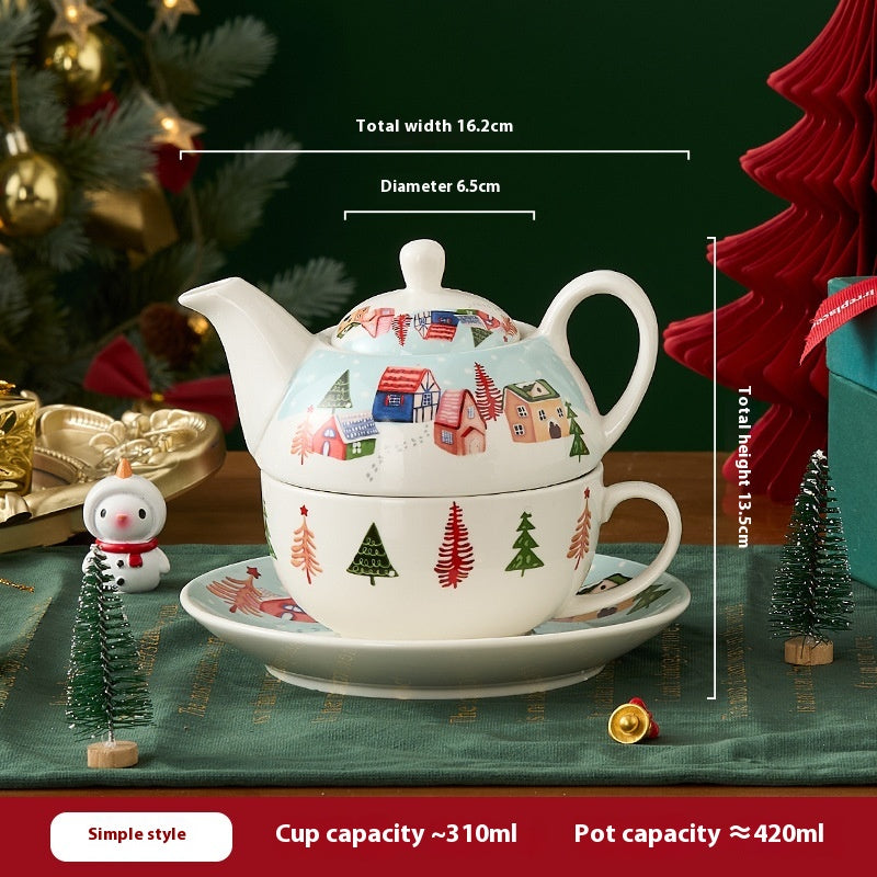 Gift Box Tea Set with Ceramic Teapot & Cups - Gold Plated Snowflake Design, Christmas Gift