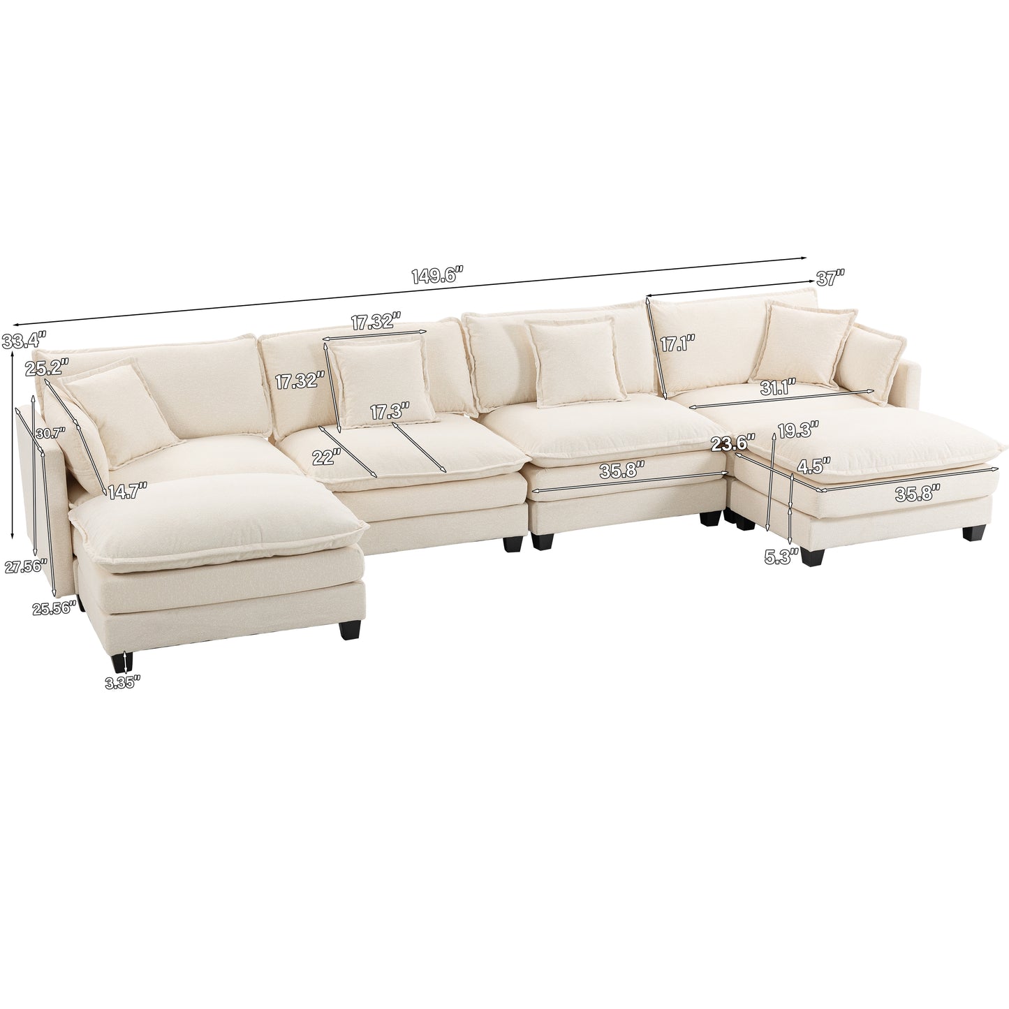 Antique White 4-Seat Sectional Sofa with Ottoman & Pillows