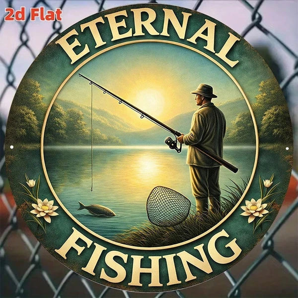 Retro Fishing 2D Flat Round Metal Sign - 8x8in Plaque