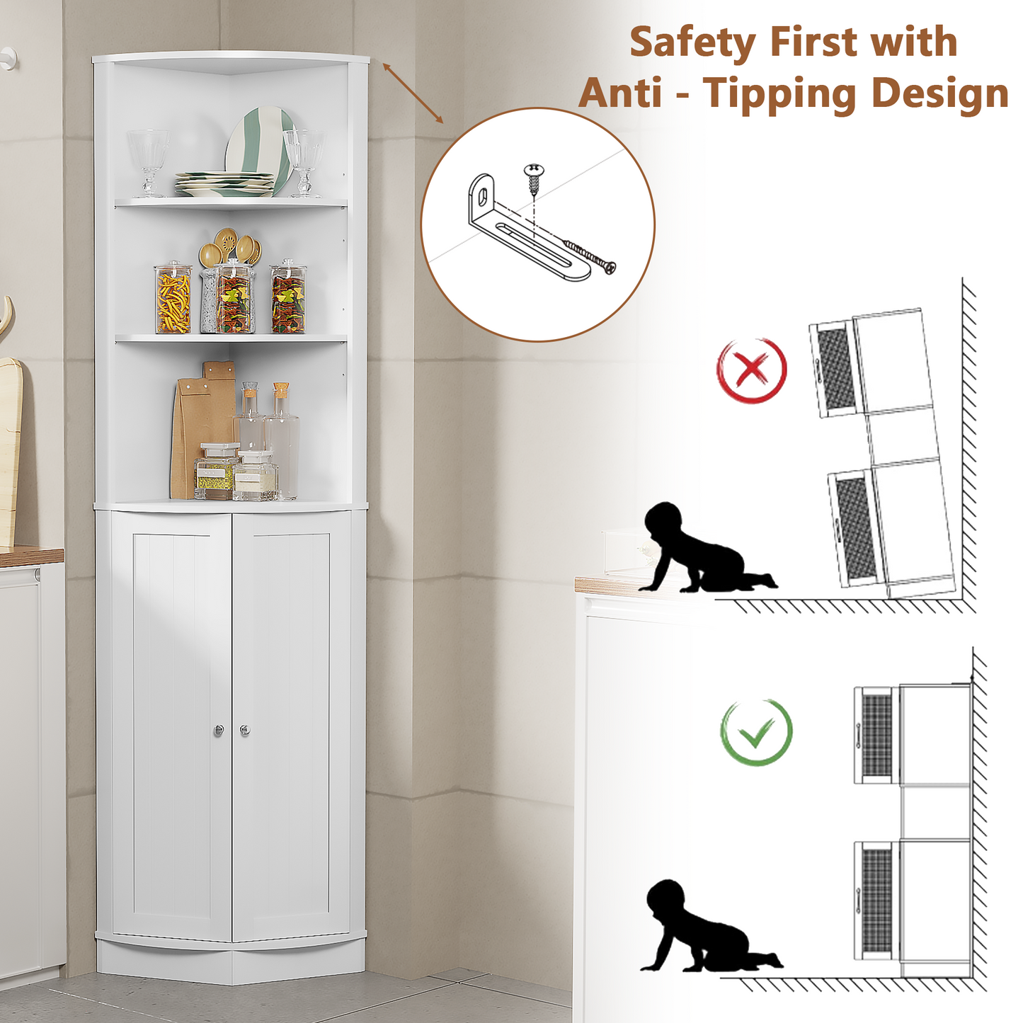 67" Tall Corner Cabinet with 2 Doors and Adjustable Shelves - White