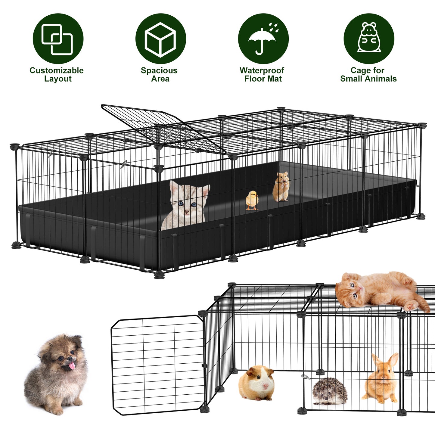 Large Modular Small Animal Cage with Waterproof Floor Mat - DIY Pet Enclosure for Guinea Pigs, Rabbits, Chickens, Hamsters