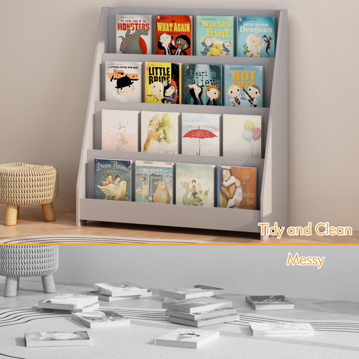 4-Tier Kids Bookshelf - Gray MDF Book Display for Bedrooms & Playrooms