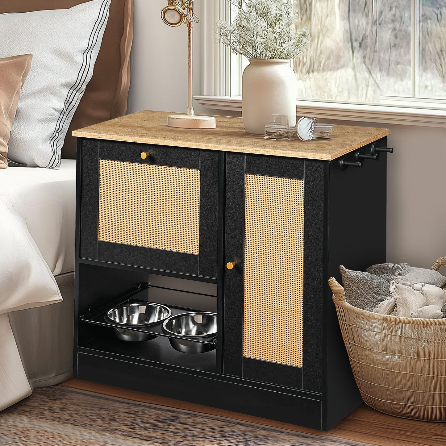 Elevated Pet Feeding Station with 2 Lockers & Side Hooks - Black+Vintage