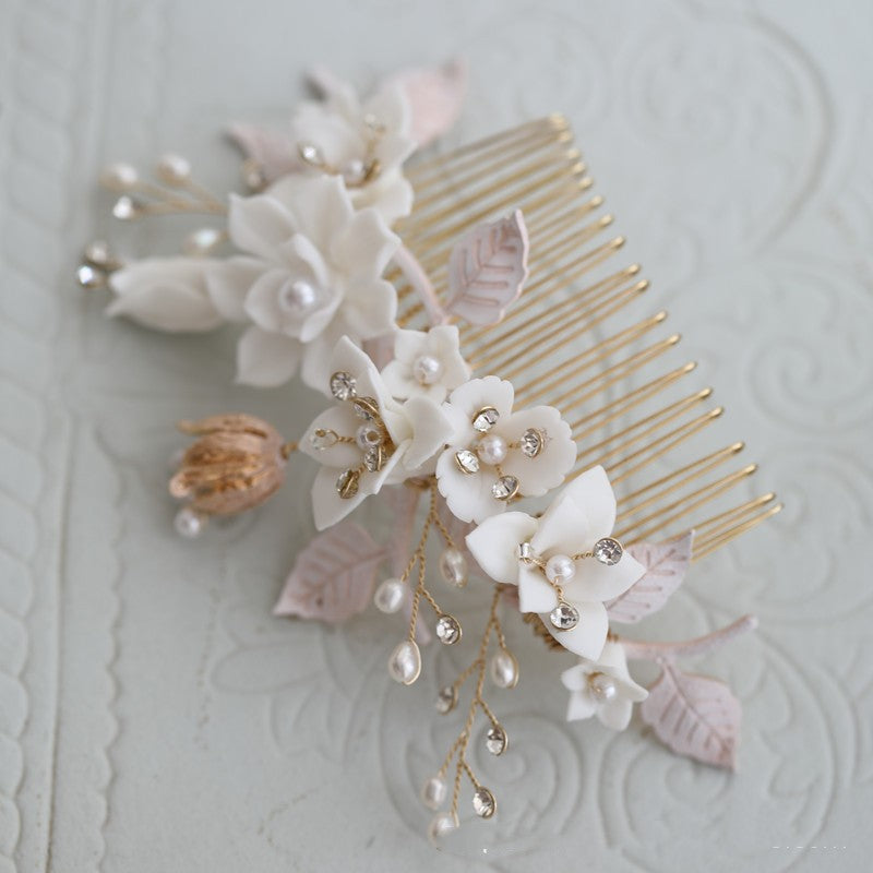 Ceramic Flower White Rhinestone Hair Comb