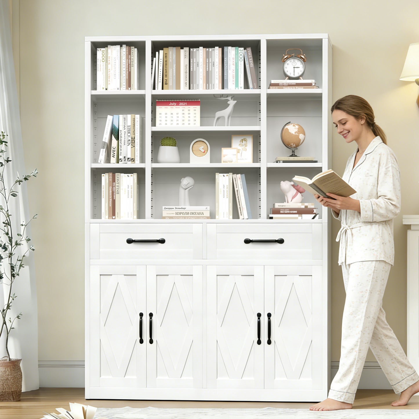 71 Tall Bookcase With Doors, Drawers & Adjustable Open Shelves, Metal