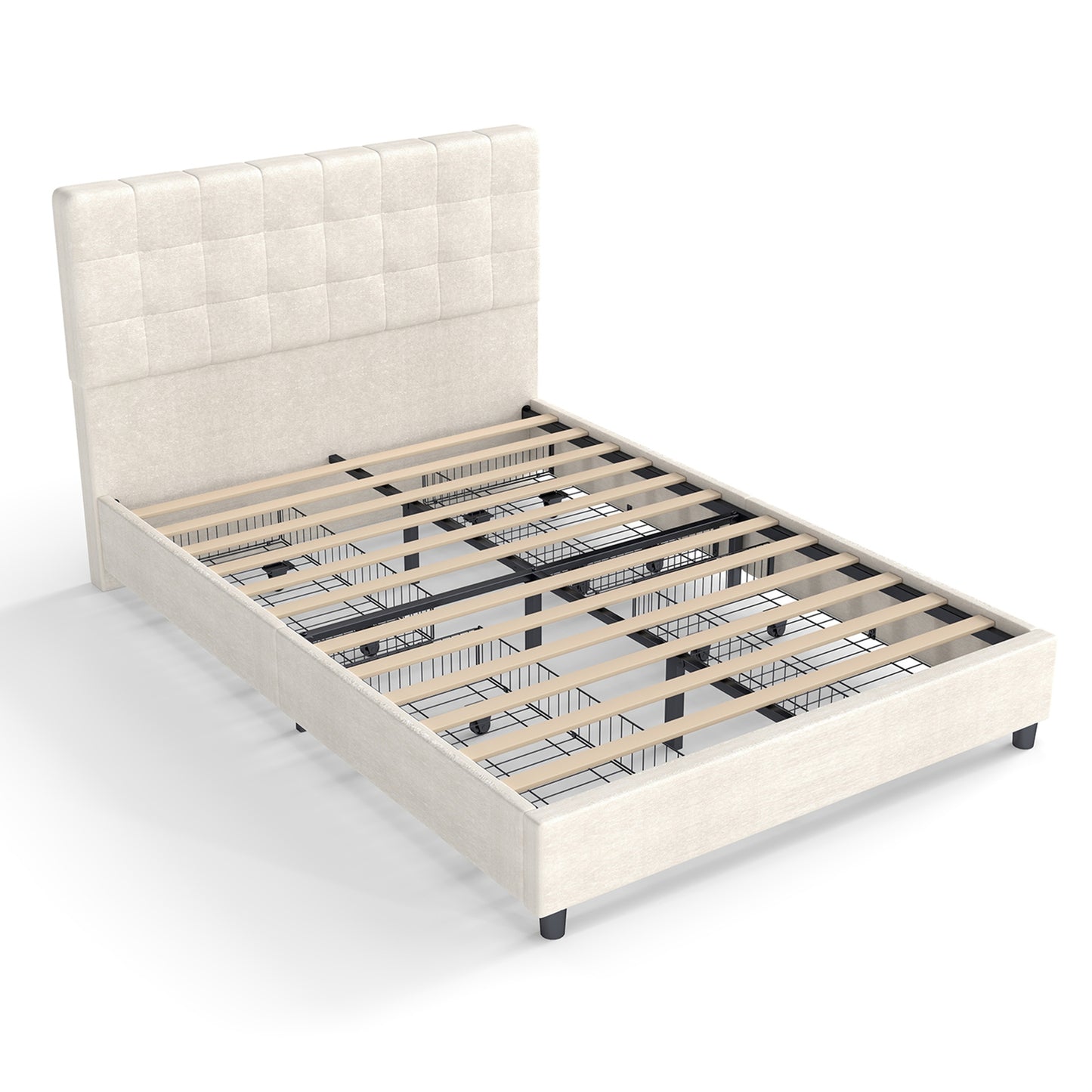 Bed Frame Upholstered Vertical Channel Headboard With 4 Storage