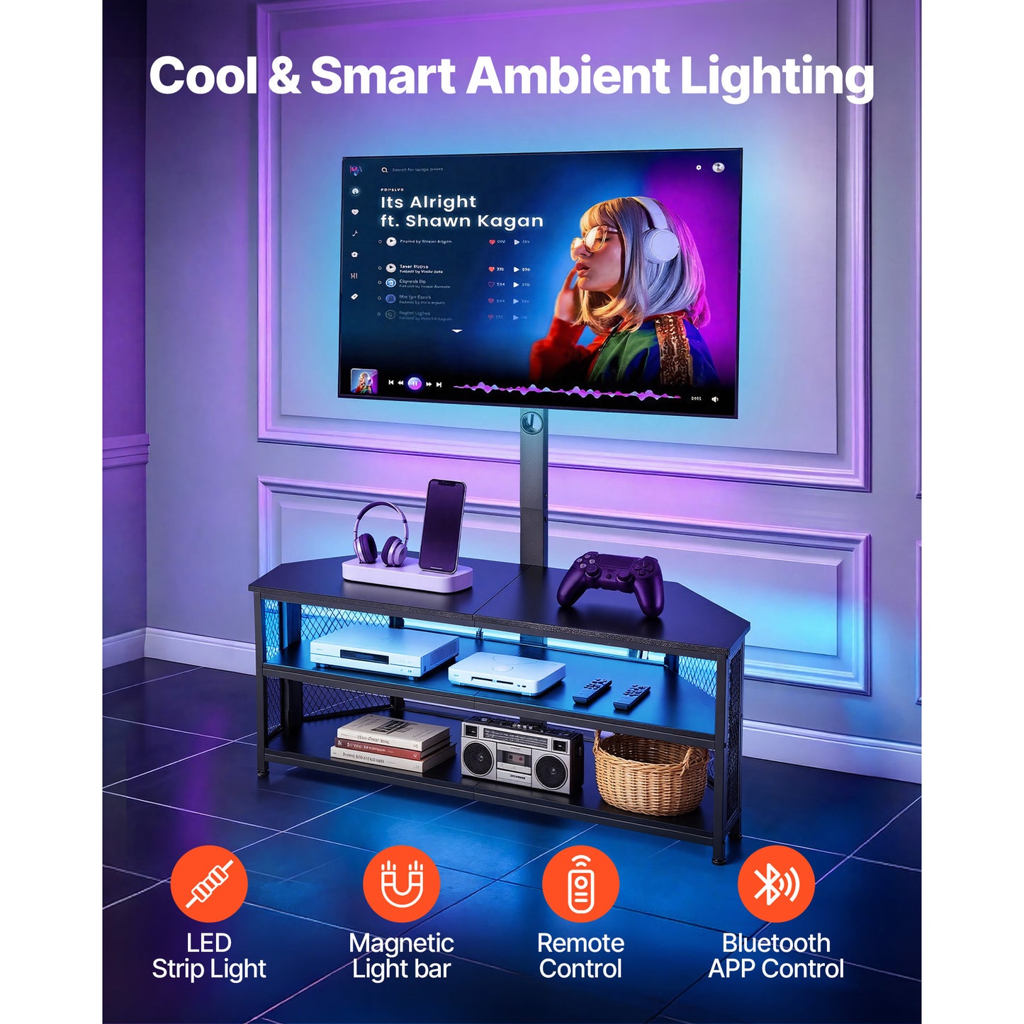 45.3 Inch Corner TV Stand with Mount, Height-Adjustable Entertainment Center with Storage & LED Lights, Fits 32-75 Inch TVs, Black