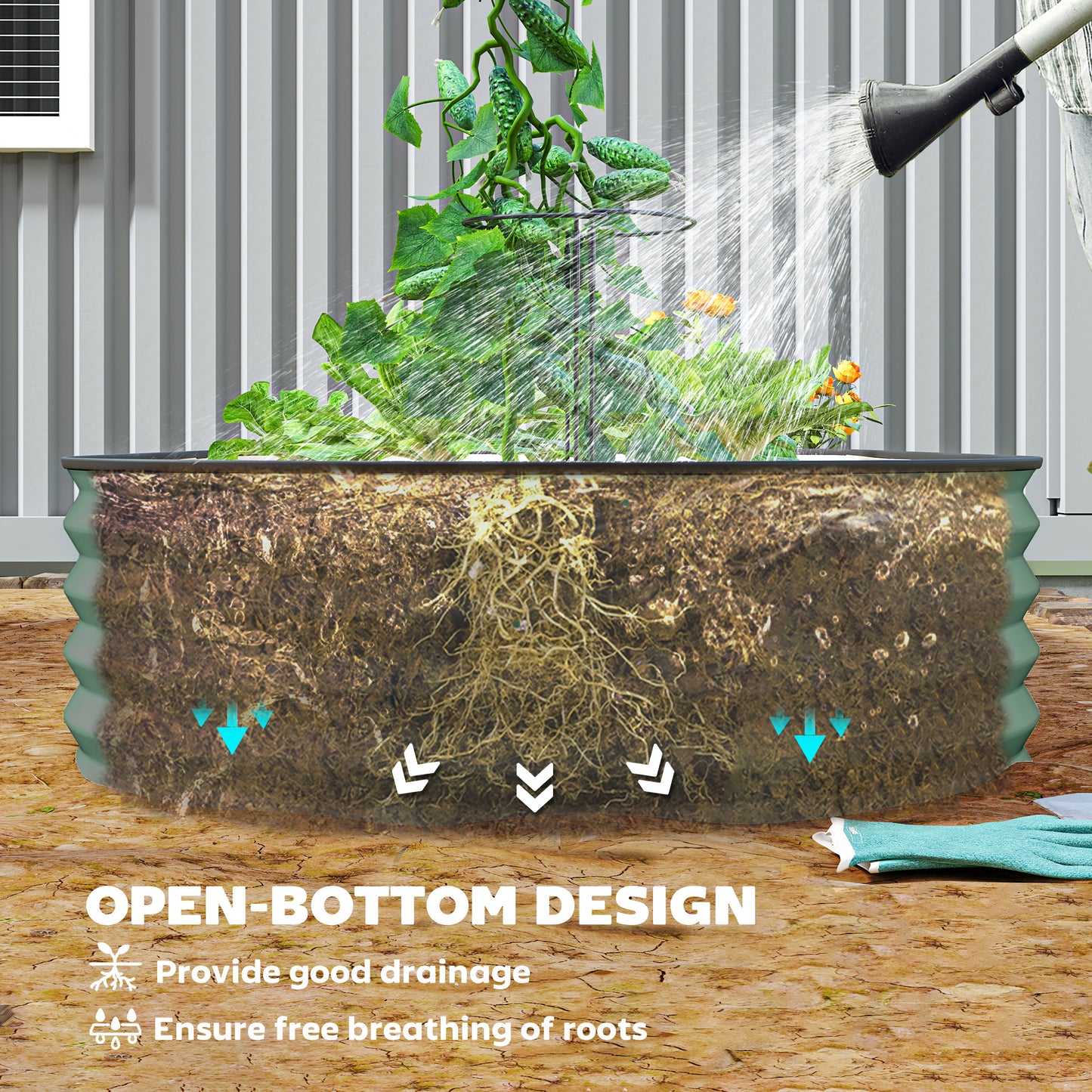 Raised Garden Bed Set with Metal Stakes - Green, 2-Pack, 575x375x140mm