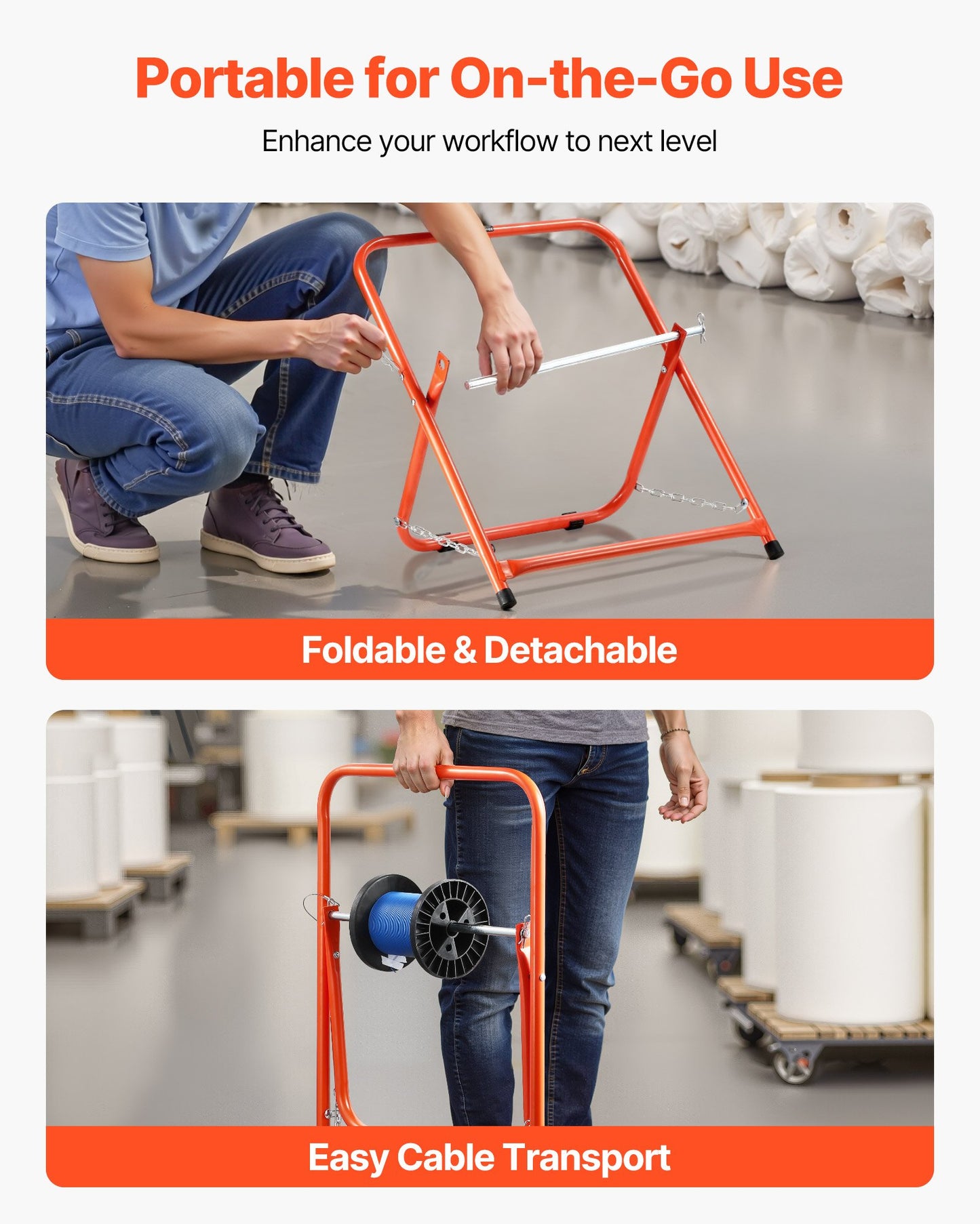 Heavy Duty Foldable Wire Spool Rack - Cable Caddy for Electrical & Industrial Use - Orange