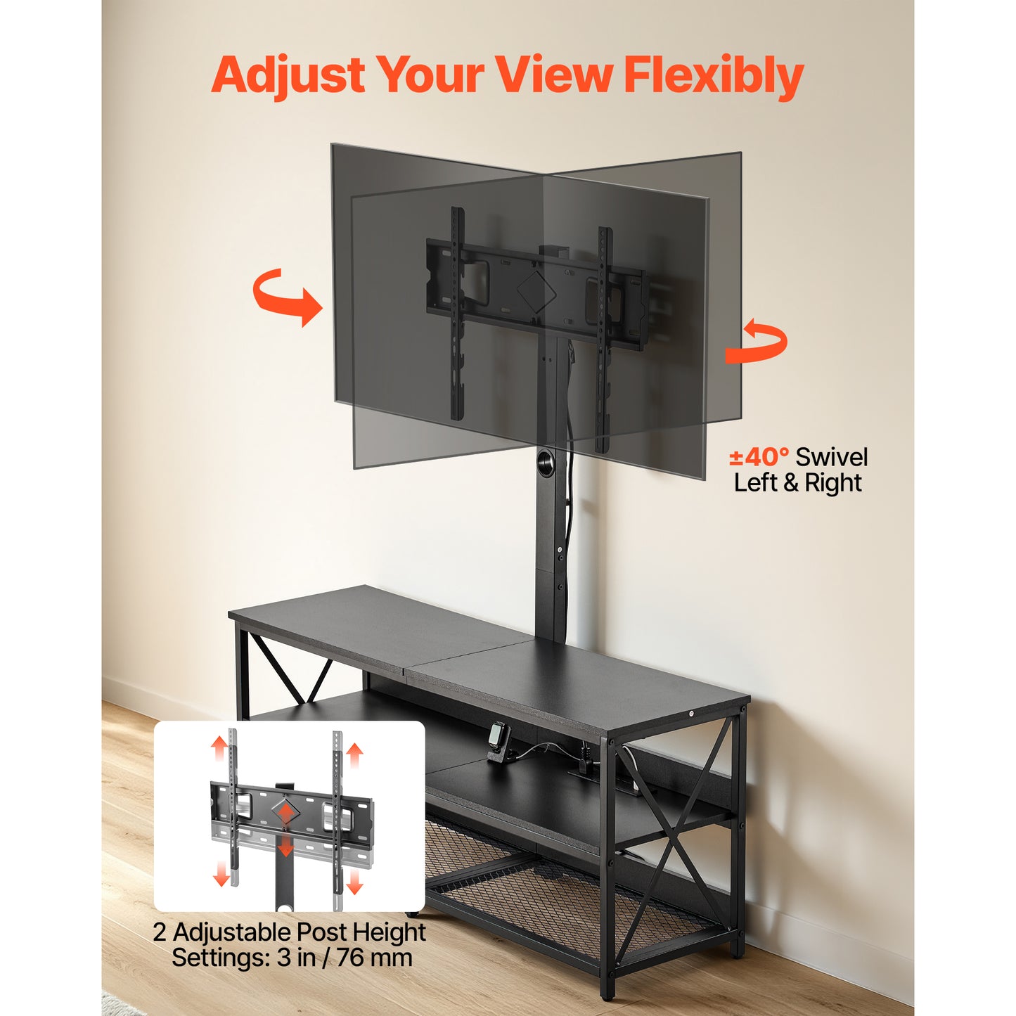 TV Stand with Mount & Power Outlet - 47.2 Inch Swivel Console for 32-75 Inch TVs, Adjustable Height, Open Storage Shelf, Black