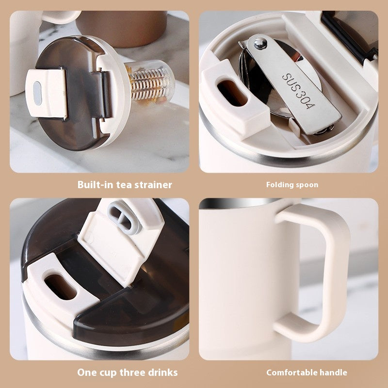 Stainless Steel Mug Cup with Cover and Folding Spoon - Ins Style