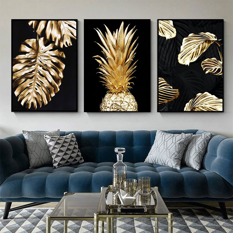Modern Canvas Wall Art - Abstract Golden Plant Leaf Design, Frameless, Multiple Sizes