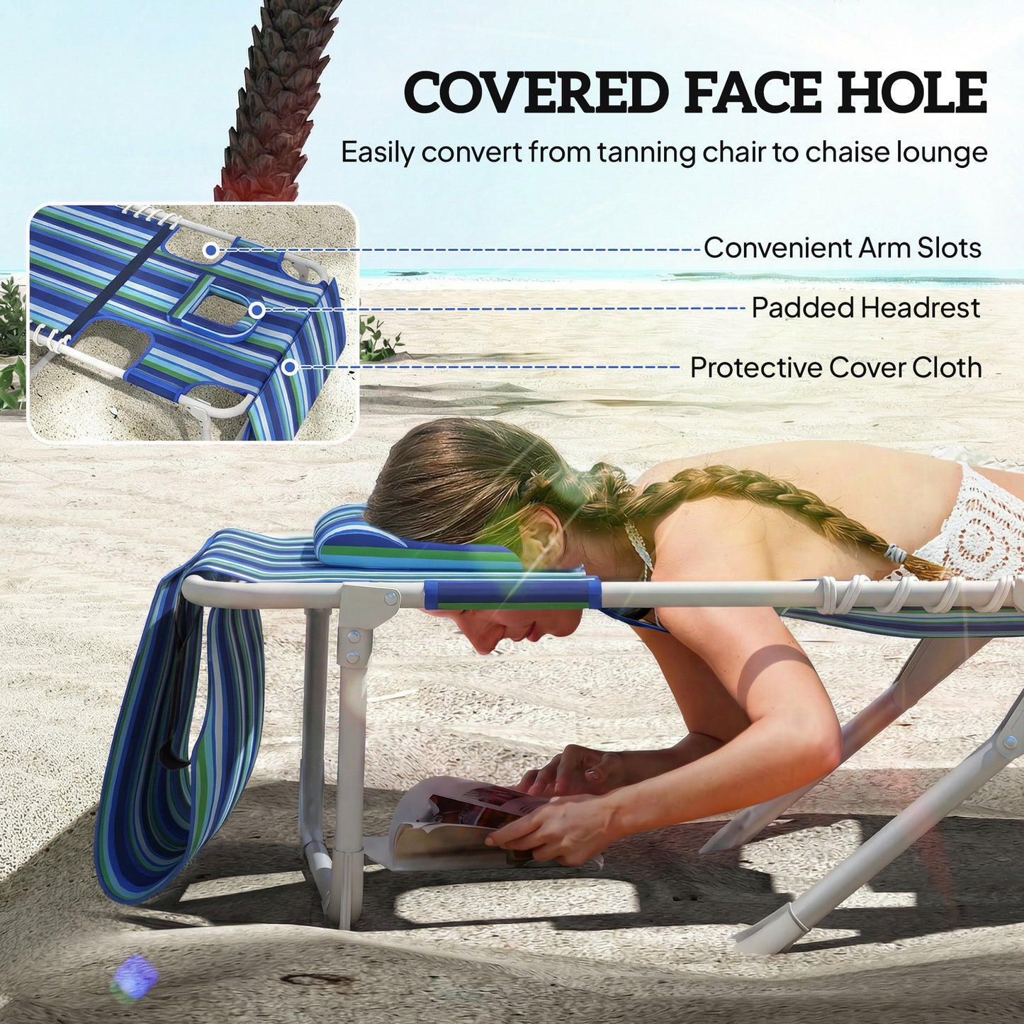 Folding Outdoor Lounge Chair with Face Hole & Side Table - Blue Stripe