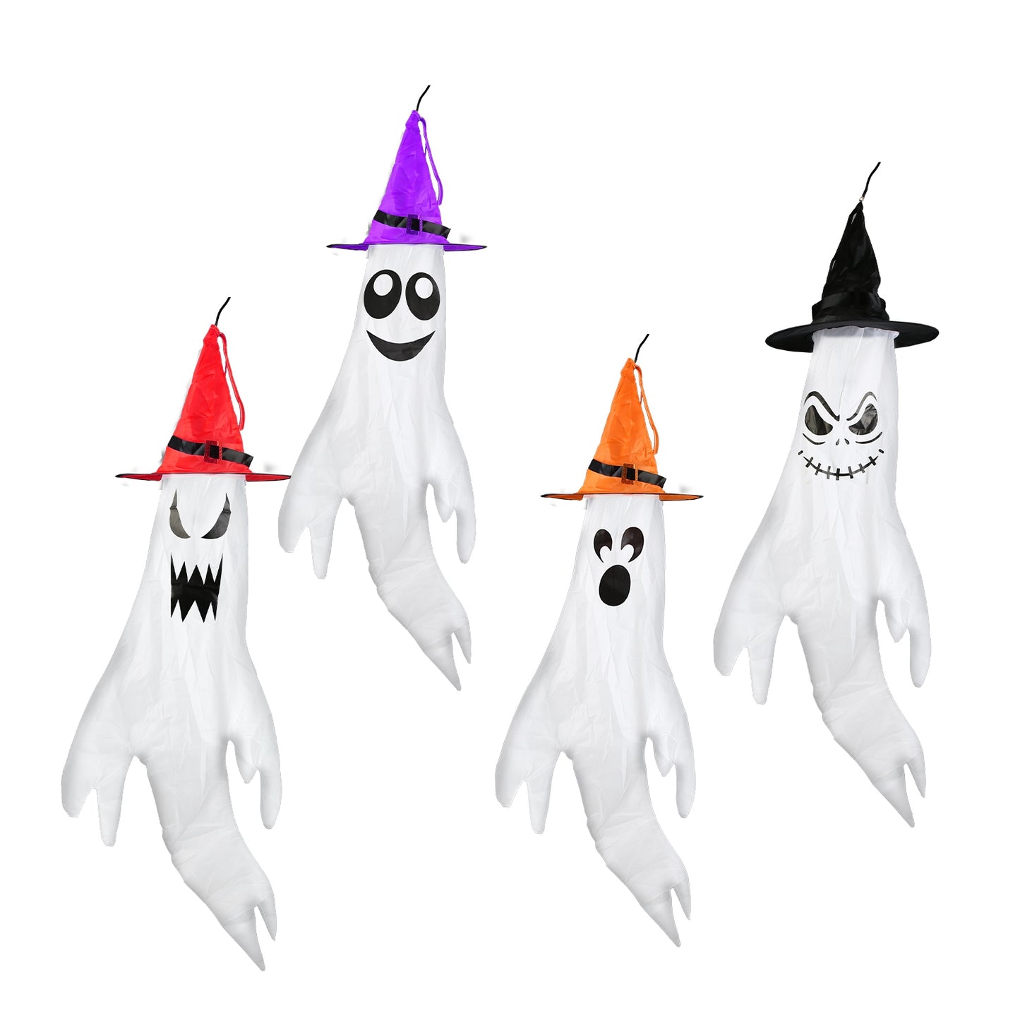 Halloween Ghost Windsocks Decoration Set with Colorful LED Lights - 4 Pcs
